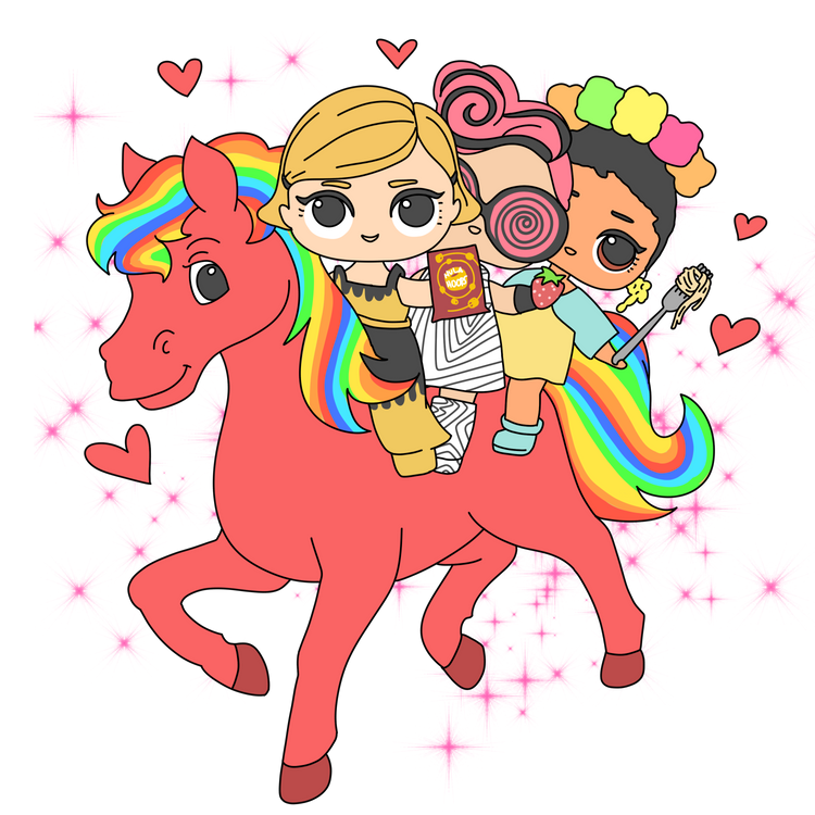 Custom illustration of three L.O.L. Surprise style dolls riding a rainbow-maned pony among hearts and sparkles