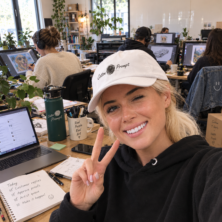 Lilly taking a selfie in the Cotton Prompt studio while artists draw custom designs at their desks behind her