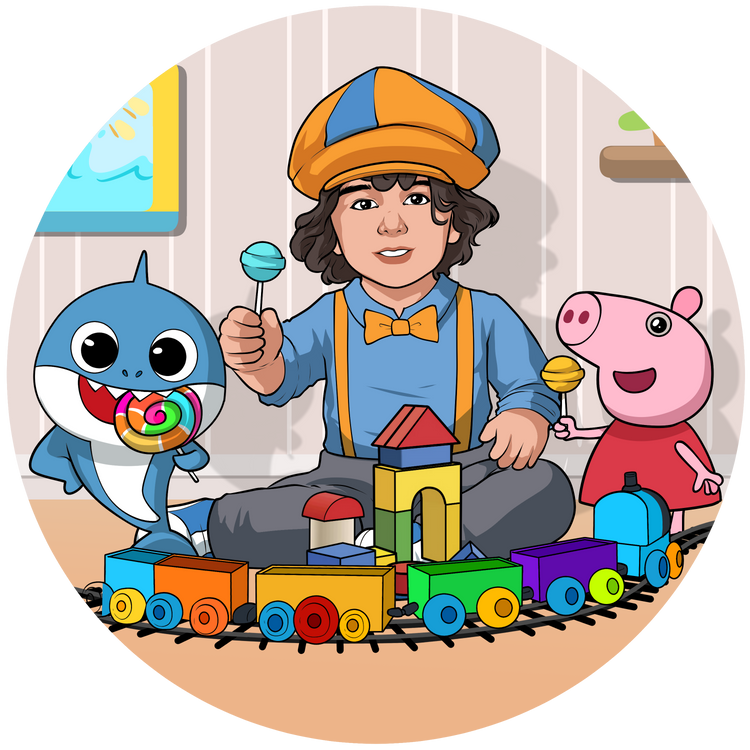 Custom illustration of a toddler dressed as Blippi playing with blocks and a toy train beside Baby Shark and Peppa Pig