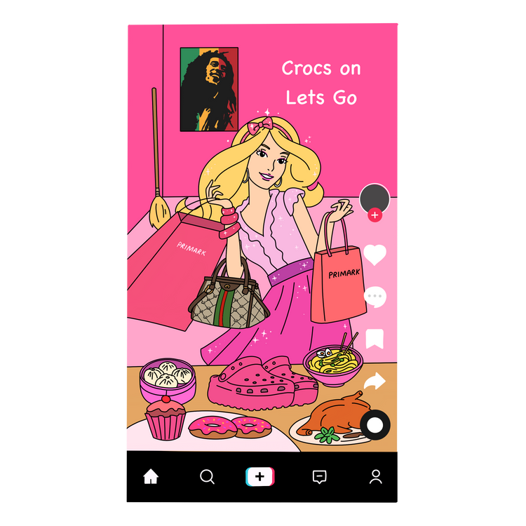 Custom illustration of a teen as Barbie on a TikTok screen with Primark bags, pink Crocs, noodles and doughnuts