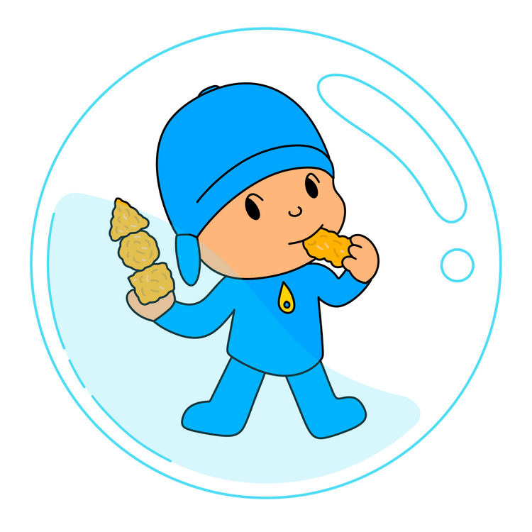 Custom illustration of Pocoyo in a bubble eating chicken nuggets
