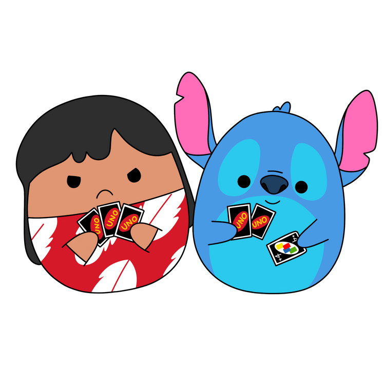 Custom illustration of Lilo and Stitch as Squishmallows playing UNO