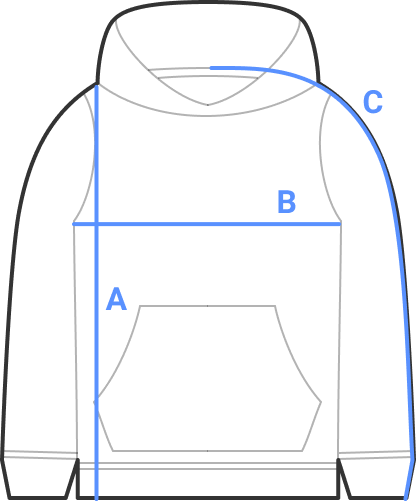 Hoodie measurement diagram showing length, half chest and sleeve length